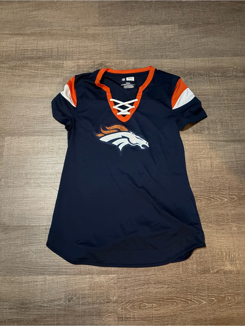 Broncos Team Apparel Navy Lace-Up Short Sleeve Tee with Orange & White Accents